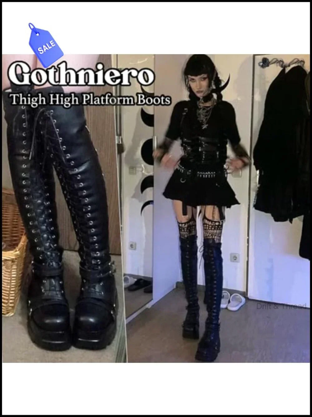 Black Over Knee Platform Boots Faux Leather Chunky Heel Buckles